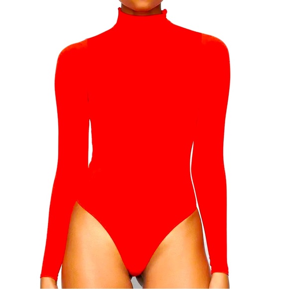 NEW SKIMS Essentials Long Sleeve Mockneck Bodysuit in Red - Picture 1 of 7